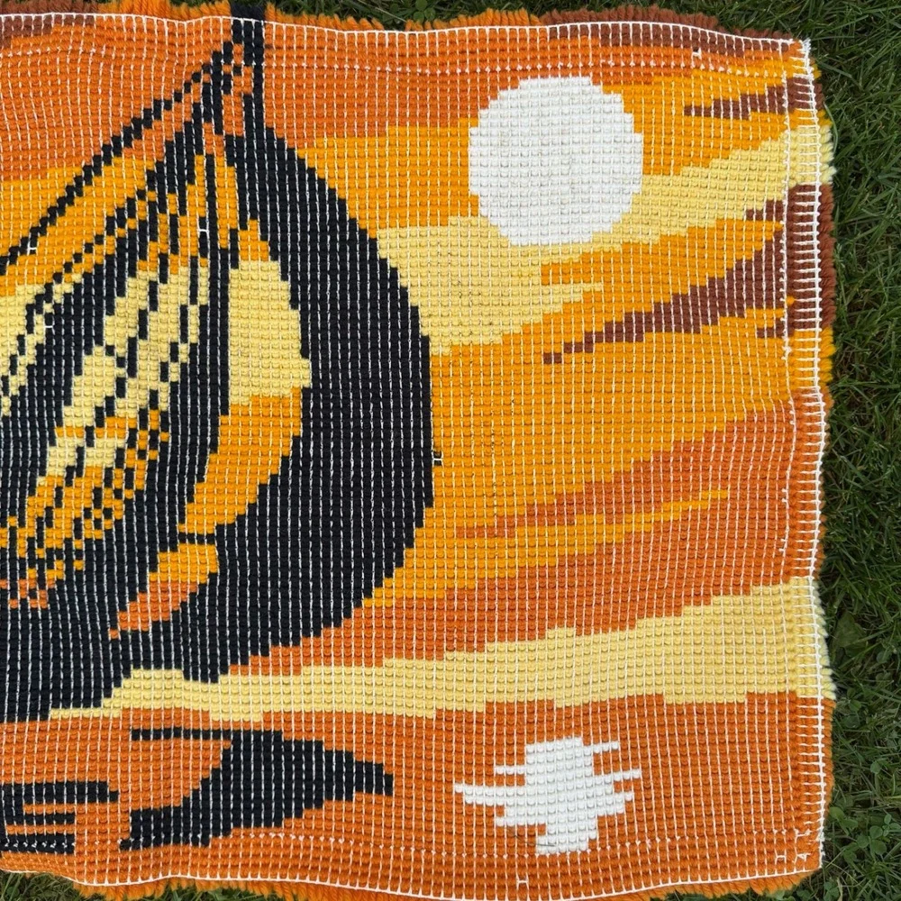 Vintage Latch Hook Rug 35x24 Orange Sailboat Sunset Retro 70s Wall Hanging